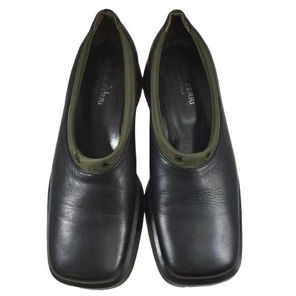 Paola Ferri Italy Shoes Womens EU37 US 6 Black Leather Green Trim Slip On - Picture 3 of 12